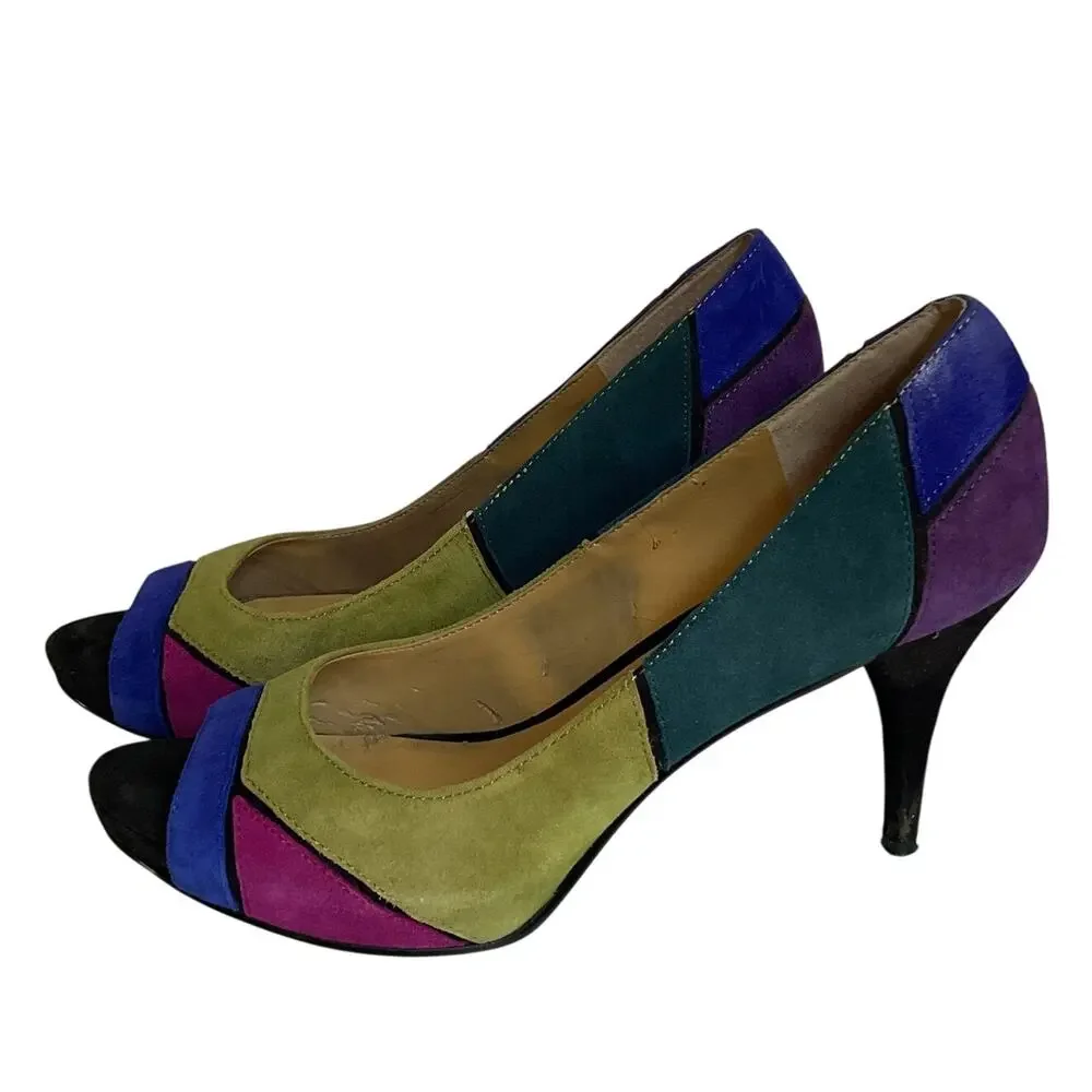 Vintage Nine West Multicolor Suede Patchwork  Retro Y2K  Peep Toe Heels  7.5M